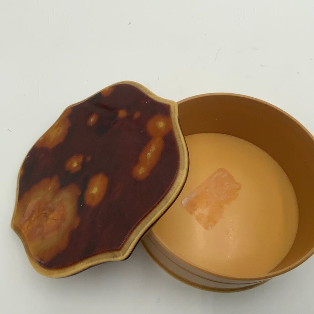 VTG Art Deco Tan Celluloid Powder Puff Box w/Tortoise Design Lid 4 1/2" x 2" - Picture 3 of 10